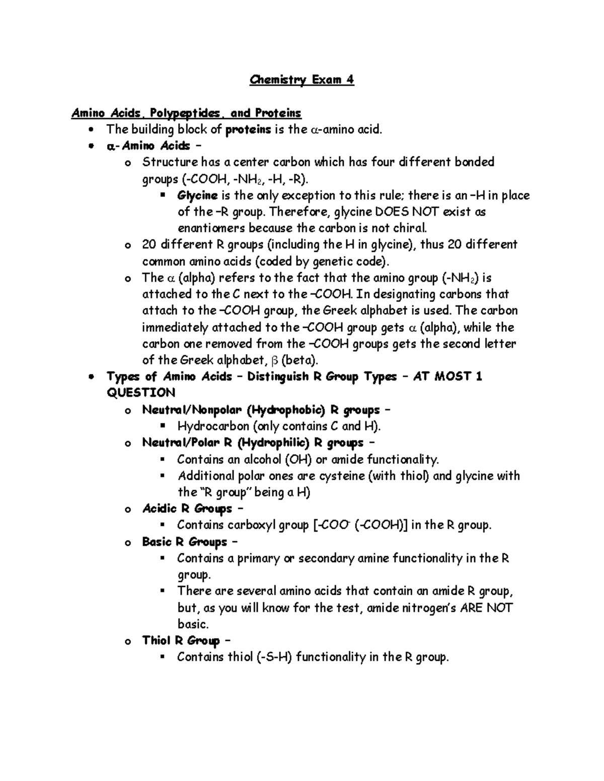 Chemistry Exam 4 - Chem Exam 4 Notes - Chemistry Exam 4 Amino Acids ...