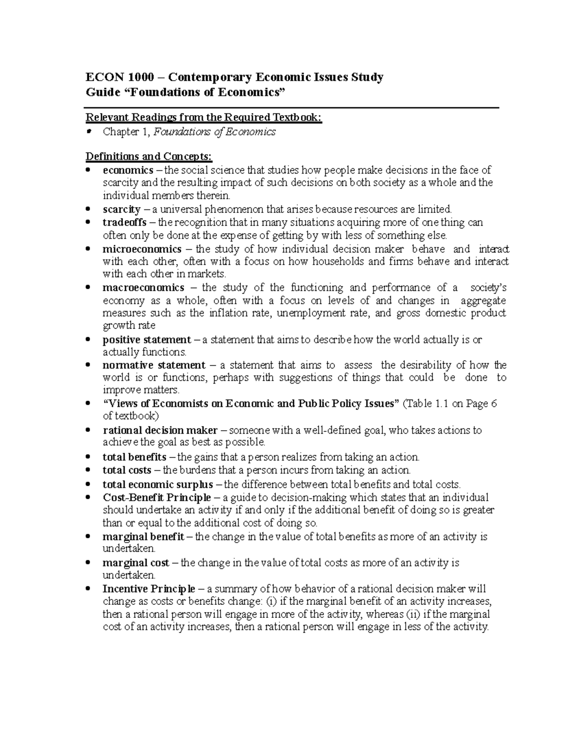 Chapter 1 Study Guide revised - ECON 1000 – Contemporary Economic ...
