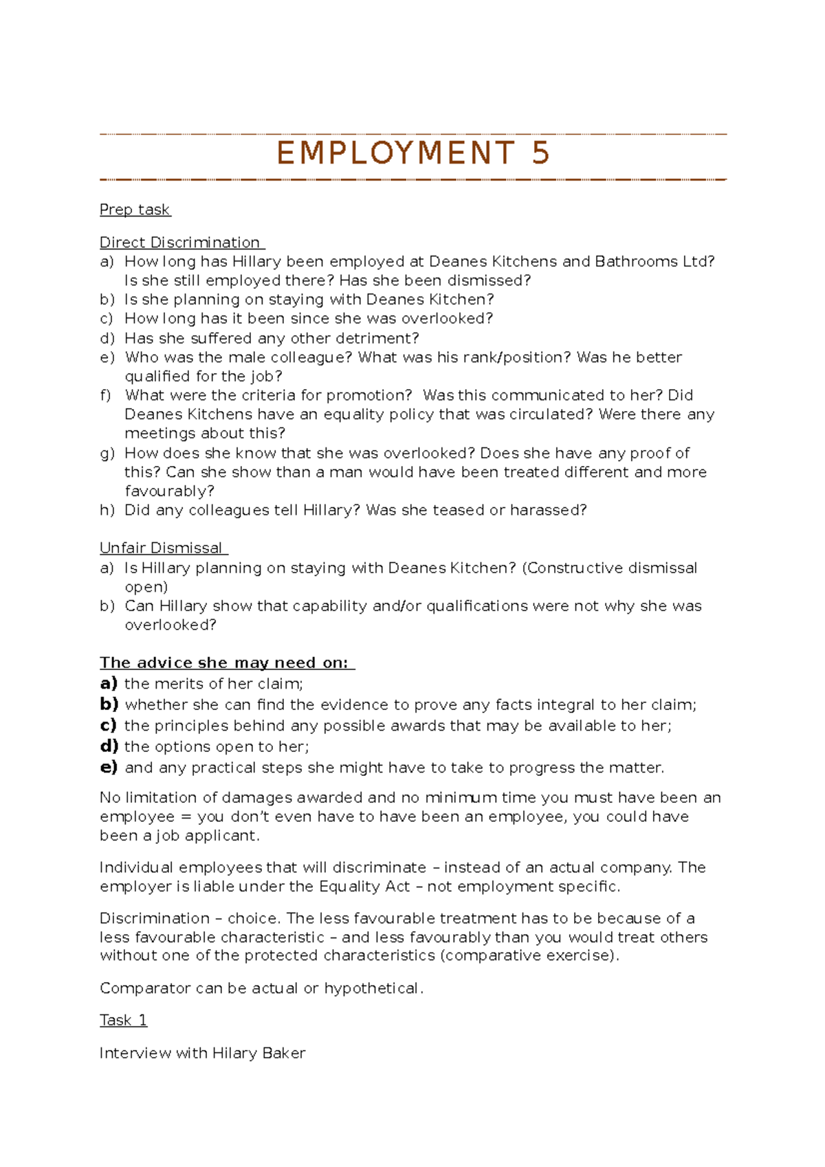 Employment Law & Practice - Workshop 5 - EMPLOYMENT 5 Prep task Direct ...