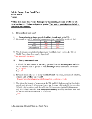 Lab 1 - Lab 1 assignment - Lab 1: Energy from Fossil Fuels ENVS 1402L ...