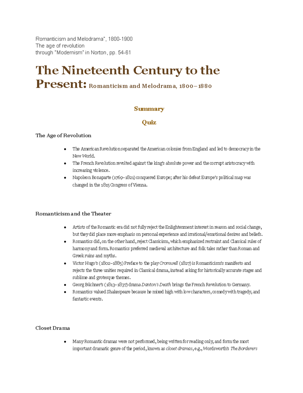 Theatre HW 2 8 - Romanticism and Melodrama”, 1800- The age of ...