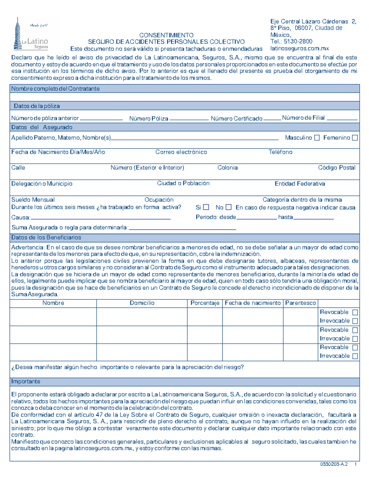 Formato Consentimiento Seguro De Accidentes Personales Colectivo Este Documento No Ser V Lido