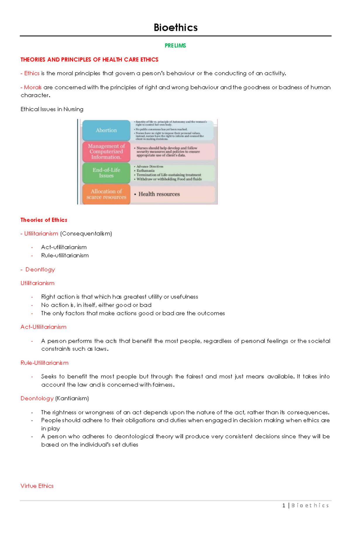 Bioethics - Bioethics PRELIMS THEORIES AND PRINCIPLES OF HEALTH CARE ...