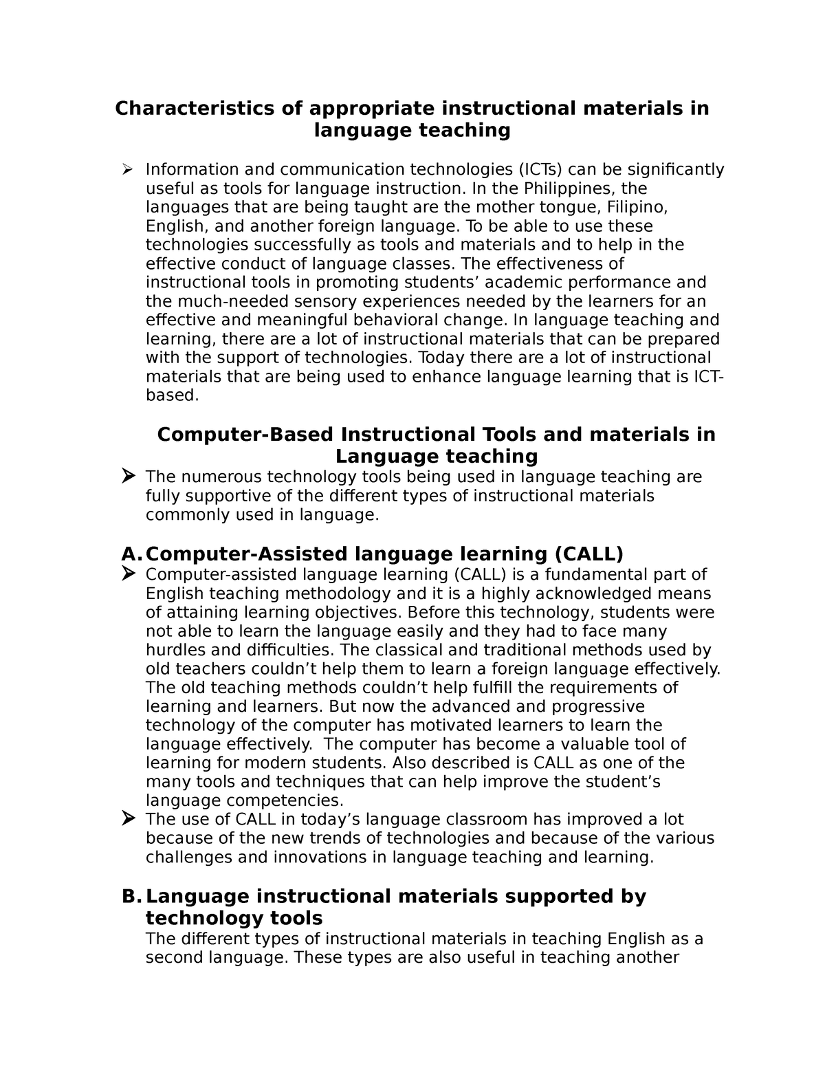 Characteristics of appropriate instructional materials in language