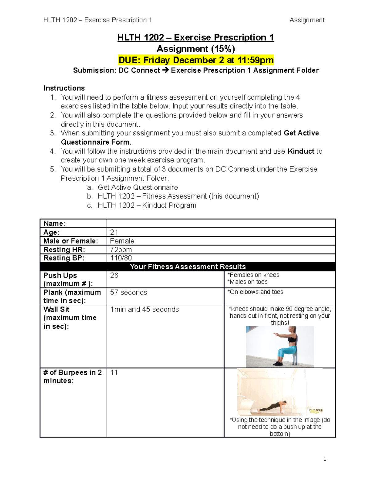 HLTH 1202 - Fitness Assessment - HLTH 1202 – Exercise Prescription 1 ...