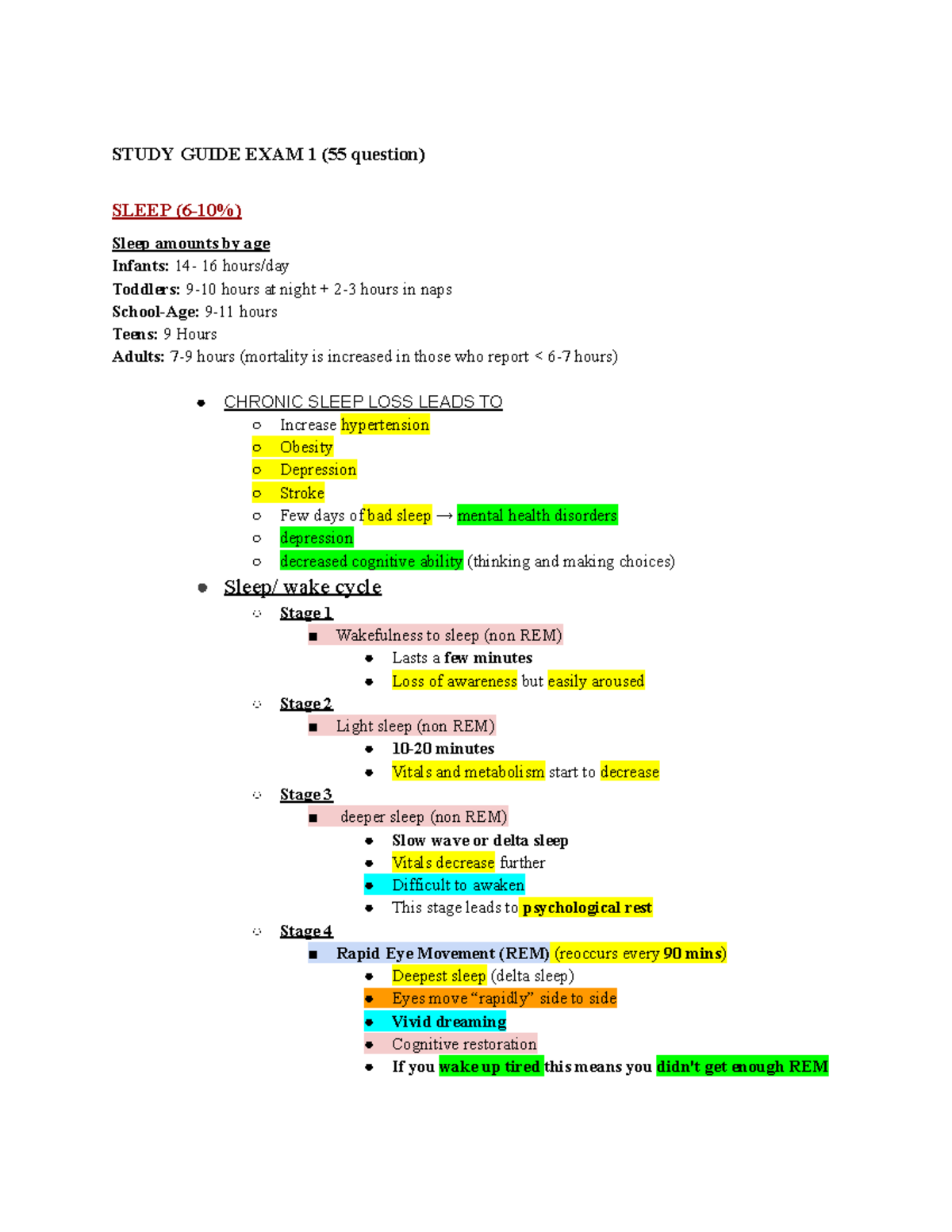 EXAM 1 Study Guide - STUDY GUIDE EXAM 1 (55 question) SLEEP (6-10% ...