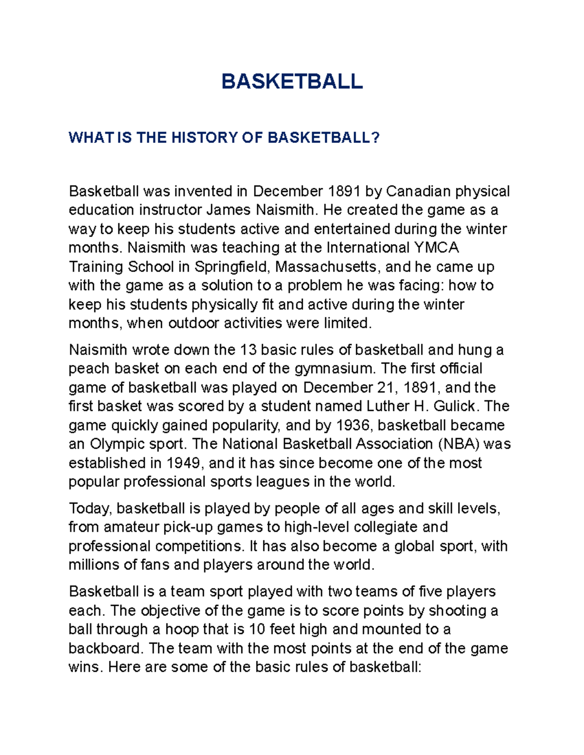 essay on the history of basketball