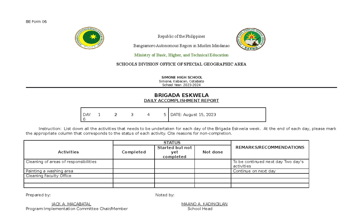 Day 2 - sadaldal - BE Form 06 Republic of the Philippines Bangsamoro ...