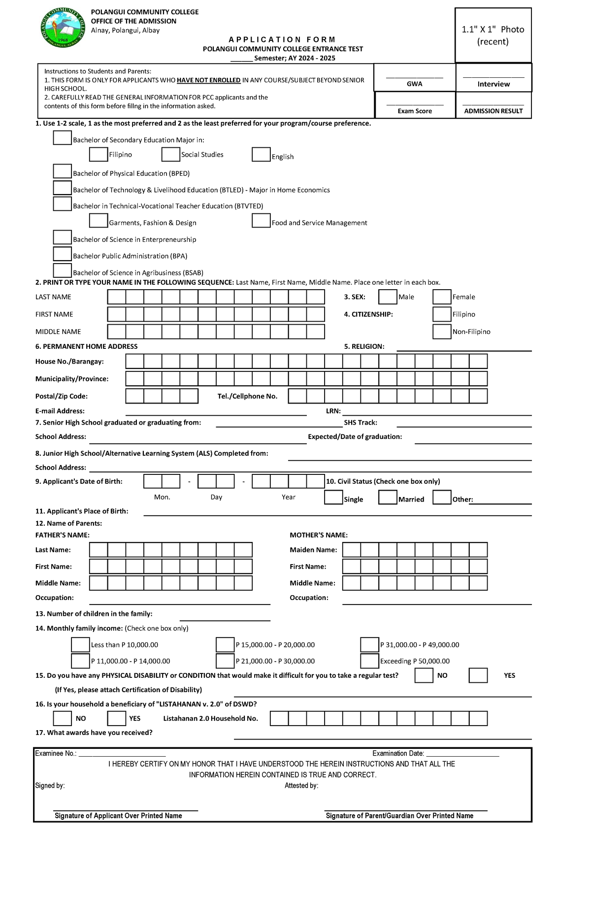 Application Form - Summary Bsed MATHEMATICS - POLANGUI COMMUNITY ...