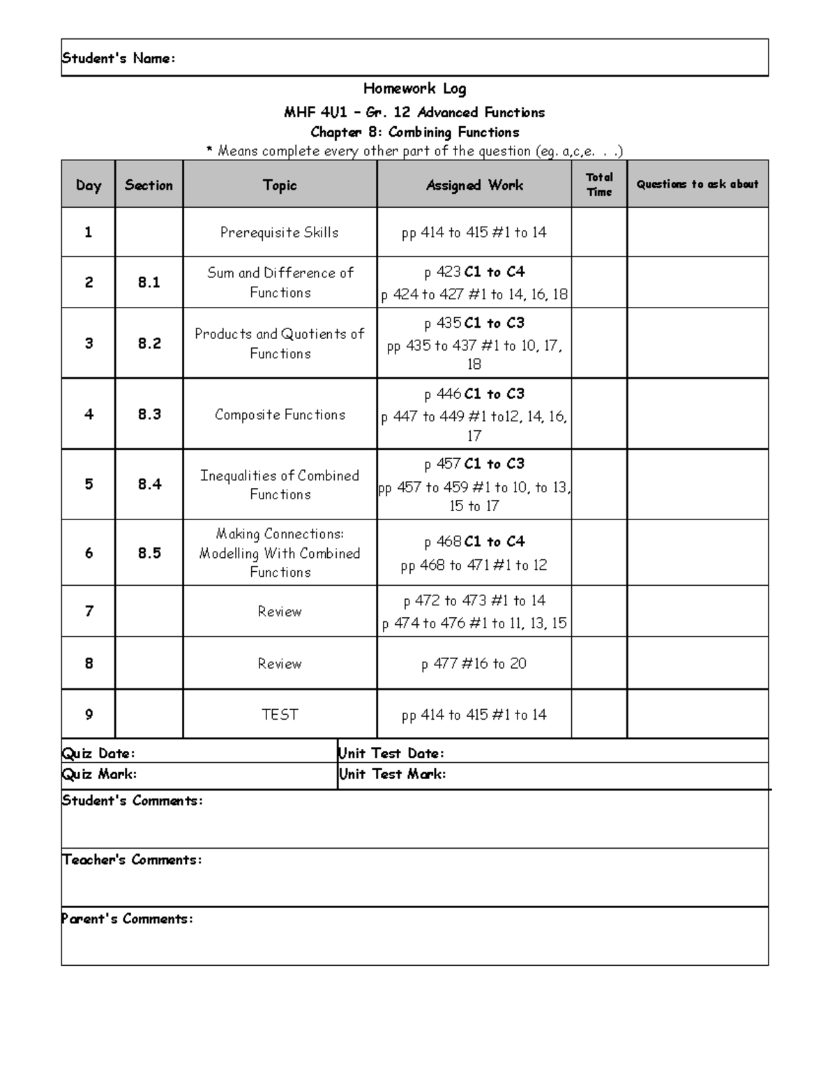 Combining Functions Homework Log - Studocu