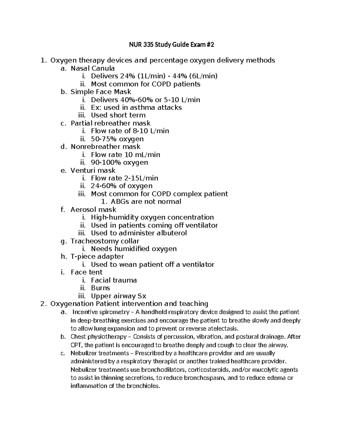 Med Surg - Study Guide Exam 2 - NUR 335 Study Guide Exam # Oxygen ...