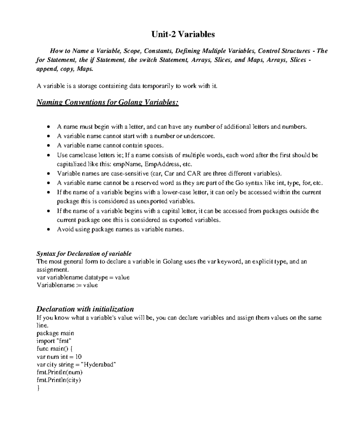 Go programming unit-2 - Unit- 2 Variables How to Name a Variable, Scope ...