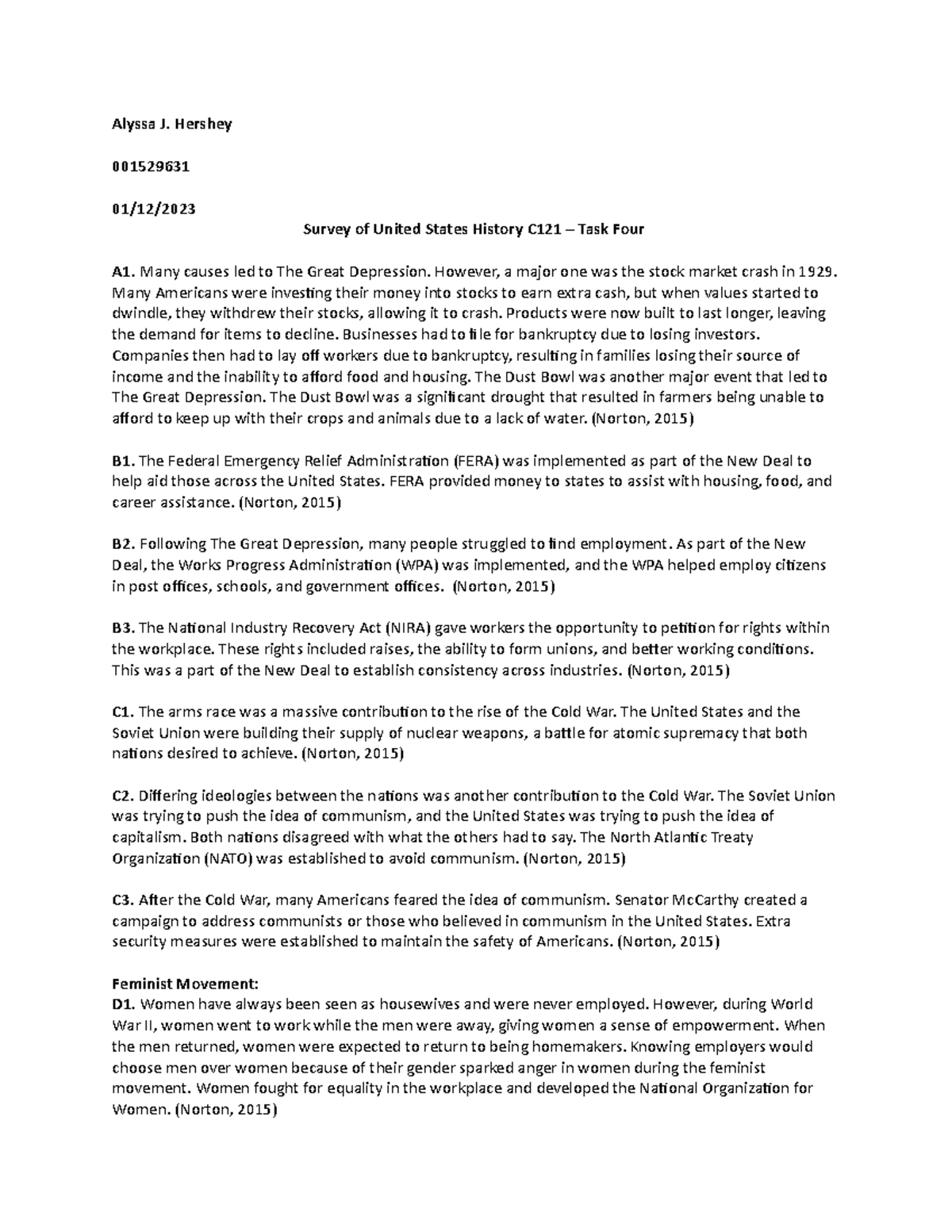 C121 T4 - Passed - Alyssa J. Hershey 001529631 01/12/ Survey of United ...
