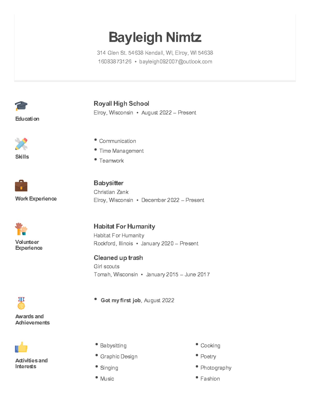 Resume why bayleigh nimtz 314 glen st 54638 kendall wi elroy