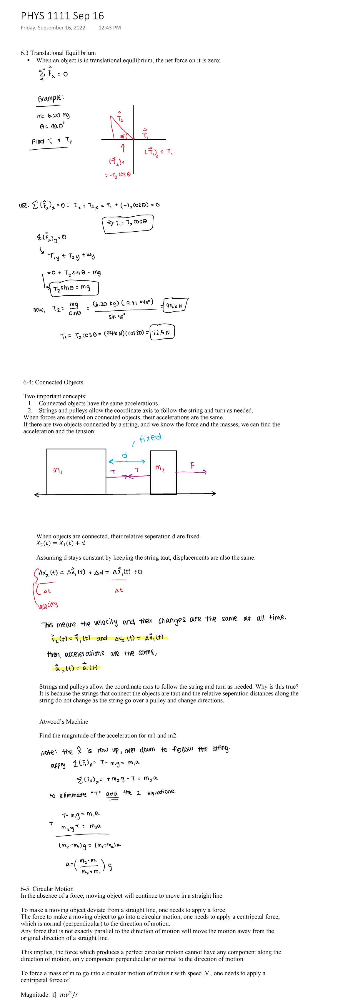 PHYS 1111 Sep 16 - KK Mon - 6 Translational Equilibrium - When an ...