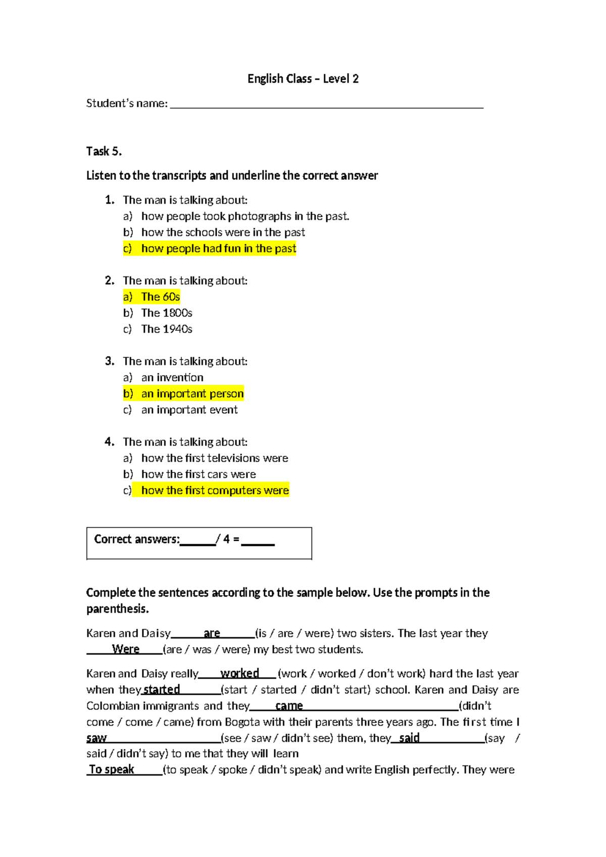 Task 5 - tarea - Correct answers: / 4 = English Class – Level 2 Student ...