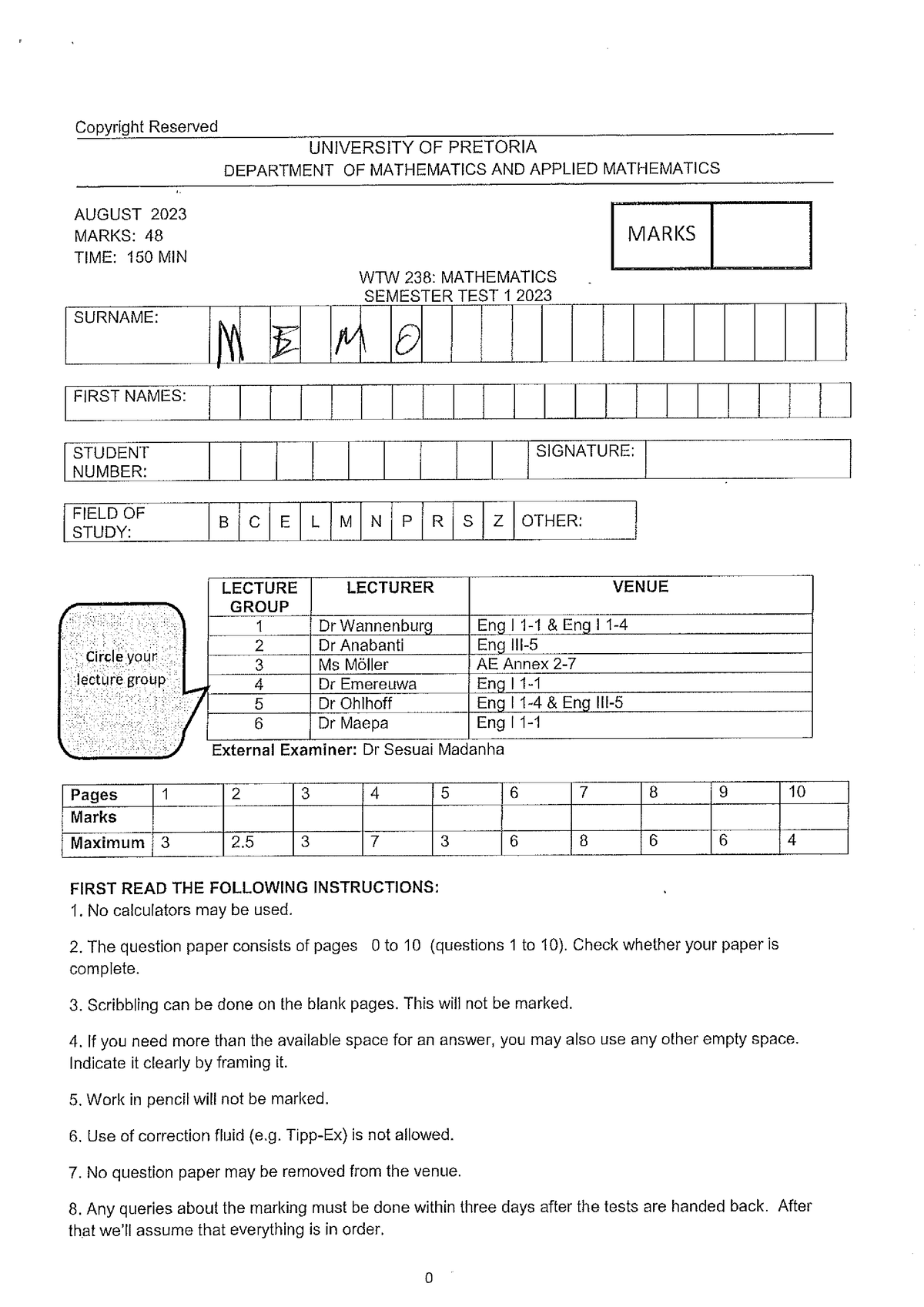 Semester Test 1 MEMO 2023 - WTW 164 - Studocu