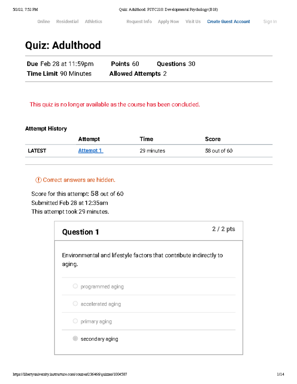 Quiz Adulthood PSYC210 Developmental Psychology B18 - Skip To Main ...