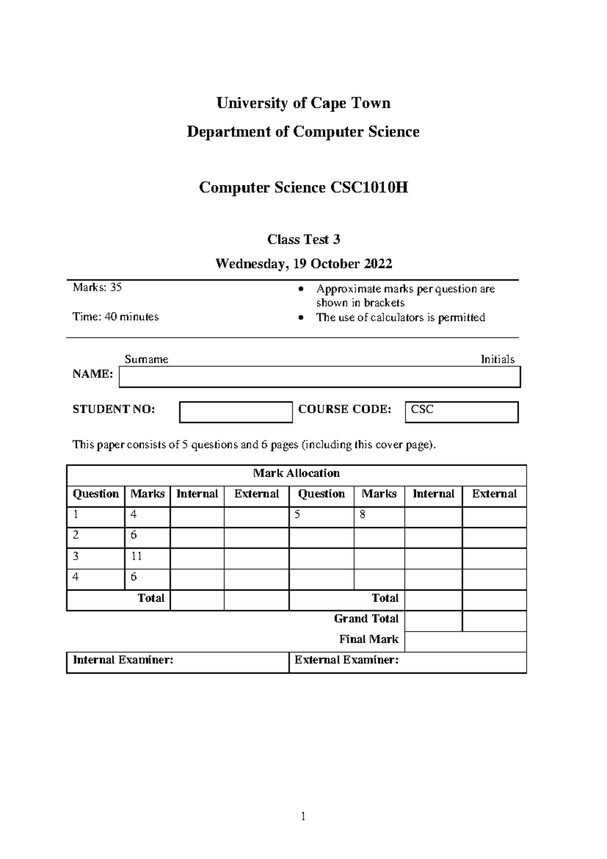 Class Test 3 - Test 3 Csc1010H - University Of Cape Town Department Of ...