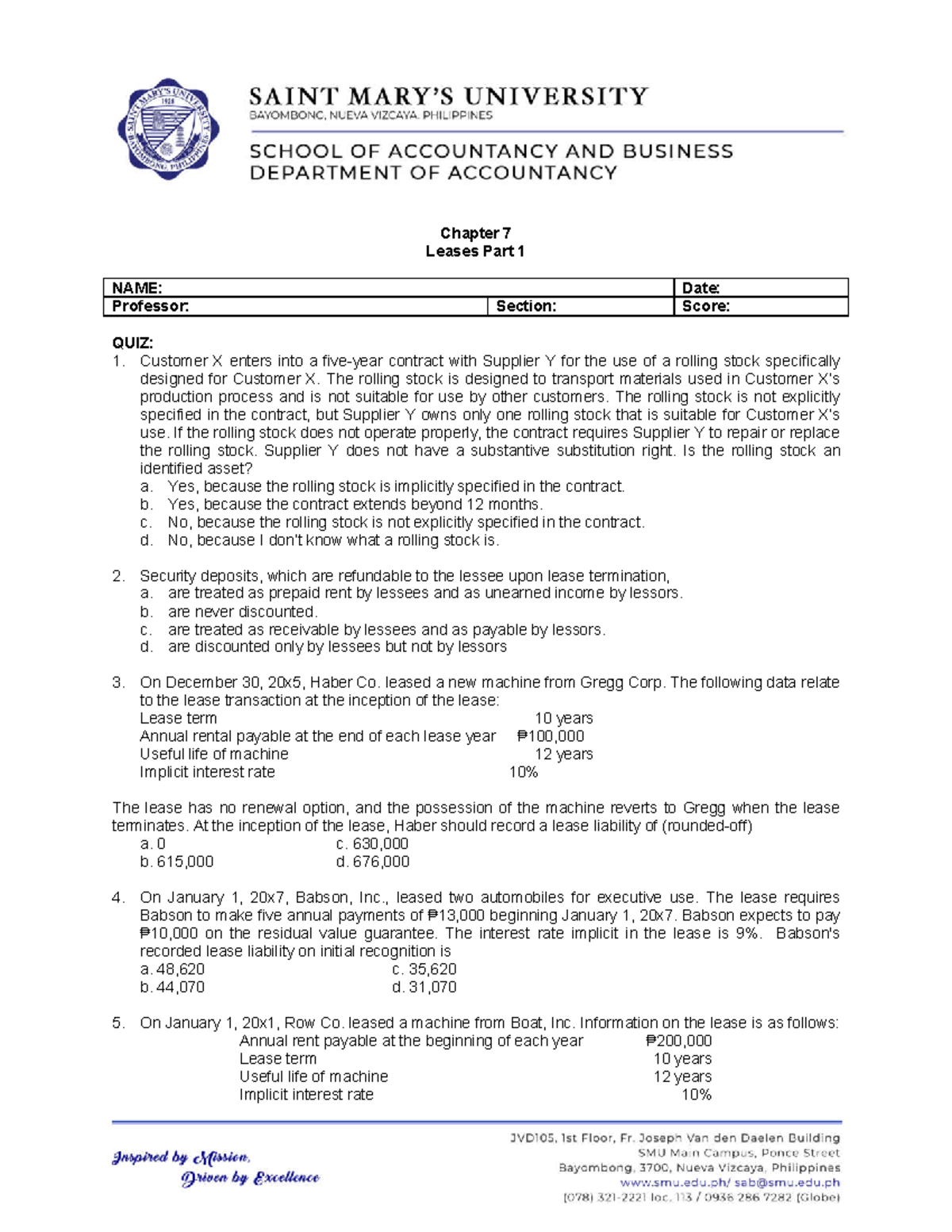 Quiz Leases Part 1 Quiz To Be Solve Chapter 7 Leases Part 1 NAME 