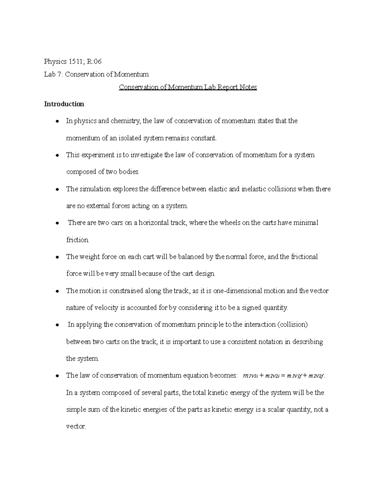 Lab 7 Conservation Of Momentum Notes - Physics 1511; R: Lab 7 ...