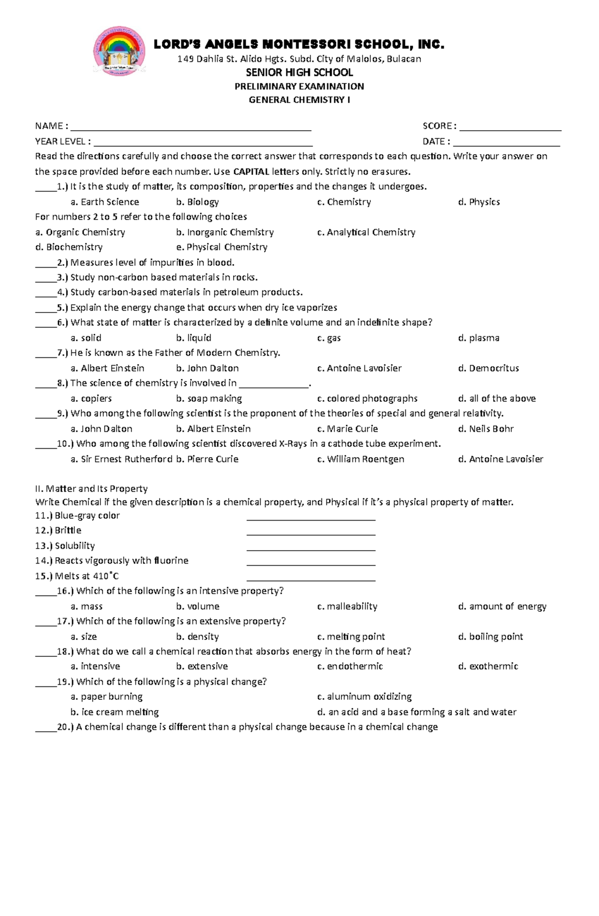 Prelims - Gen Chem 1 - Practice Test - LORD’S ANGELS MONTESSORI SCHOOL ...