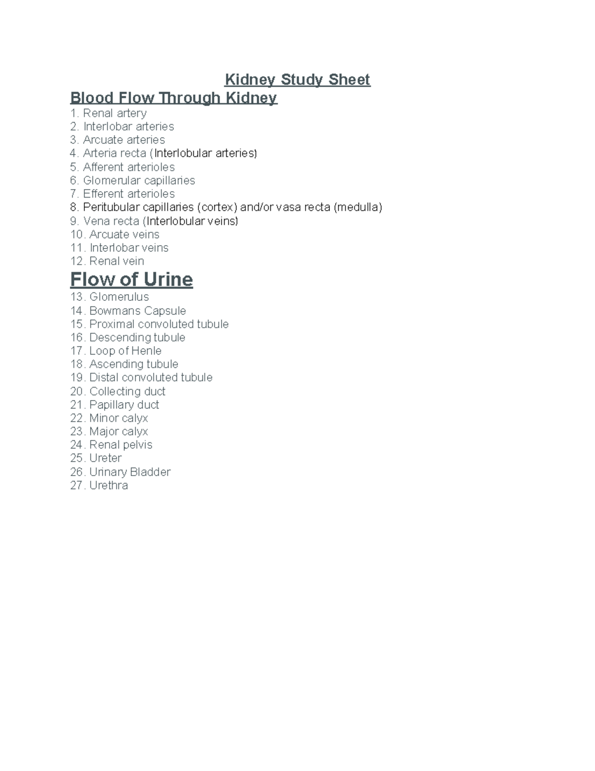 Kidney Blood and Urine Flow Study Sheet - Kidney Study Sheet Blood Flow ...
