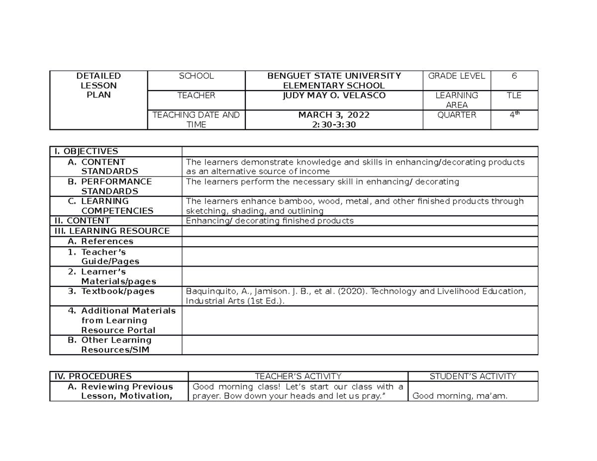 Lesson 2.0 DLP - Sample DLP For Education Students - DETAILED LESSON ...