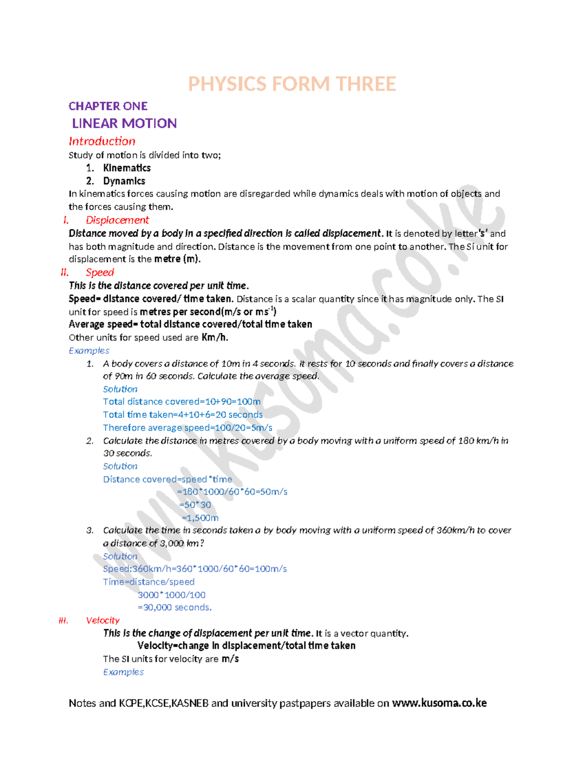 physics revision notes - PHYSICS FORM THREE CHAPTER ONE LINEAR MOTION ...