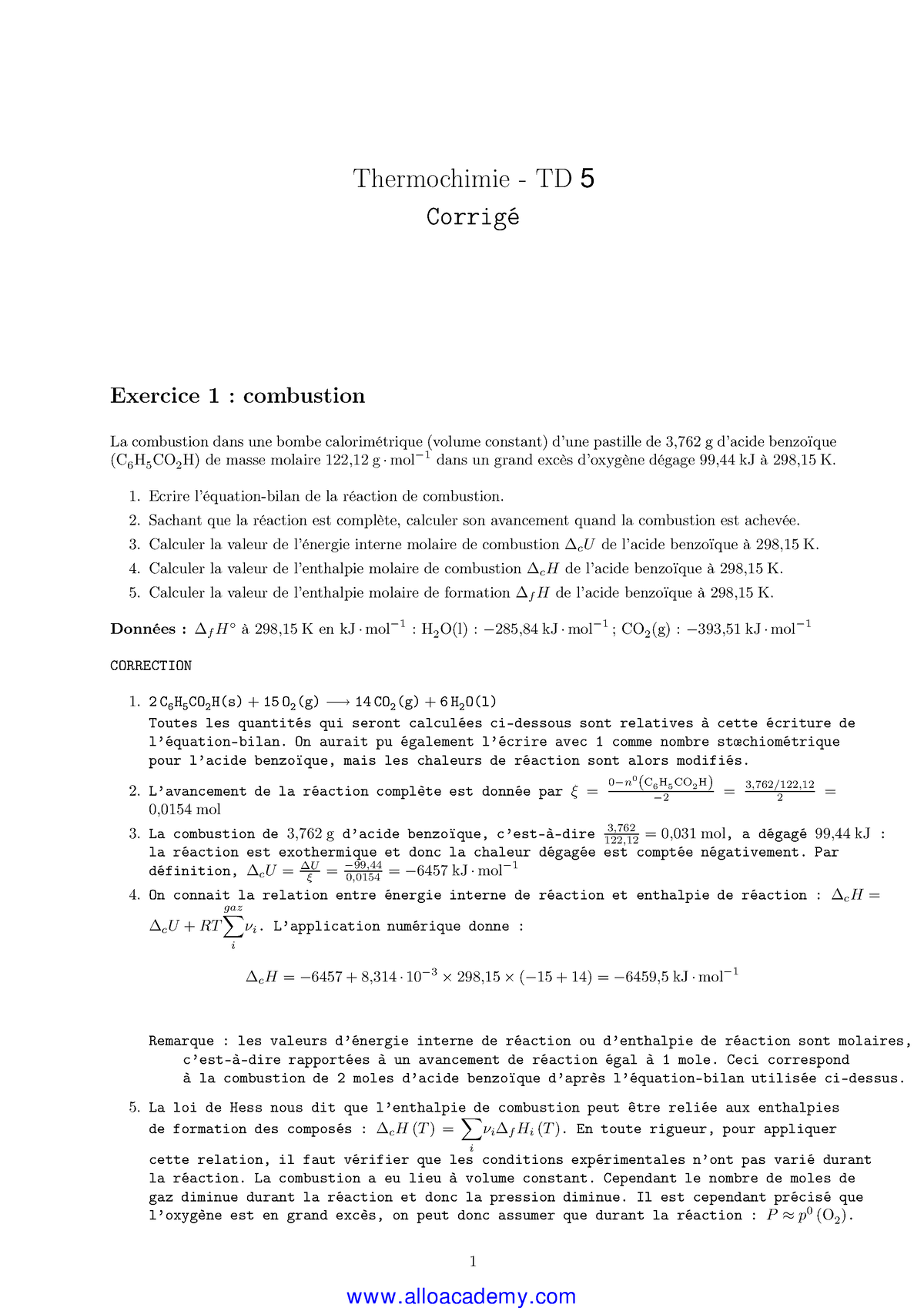 Exercices-05-Thermodynamique Chimique - Thermochimie - TD 5 Corrigé ...