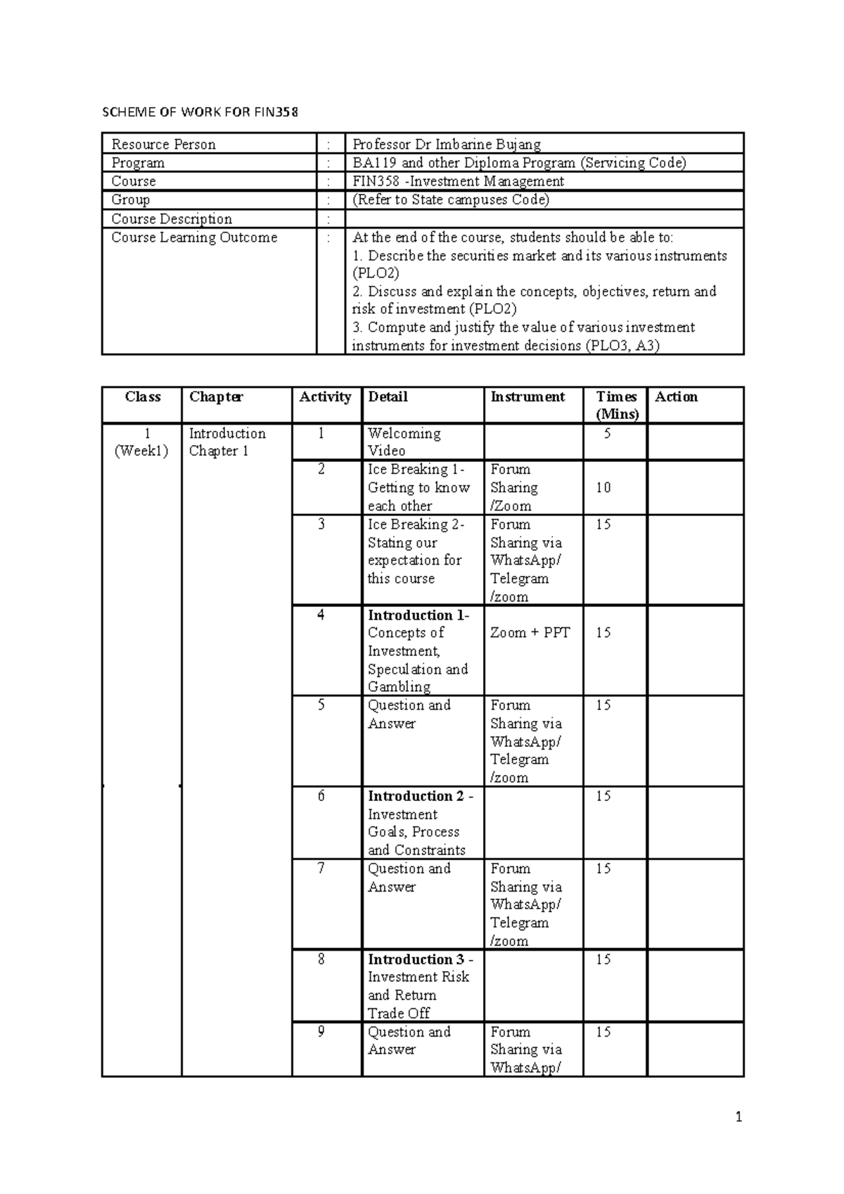 Scheme OF WORK FOR FIN358 (Updated 03042020) - SCHEME OF WORK FOR 