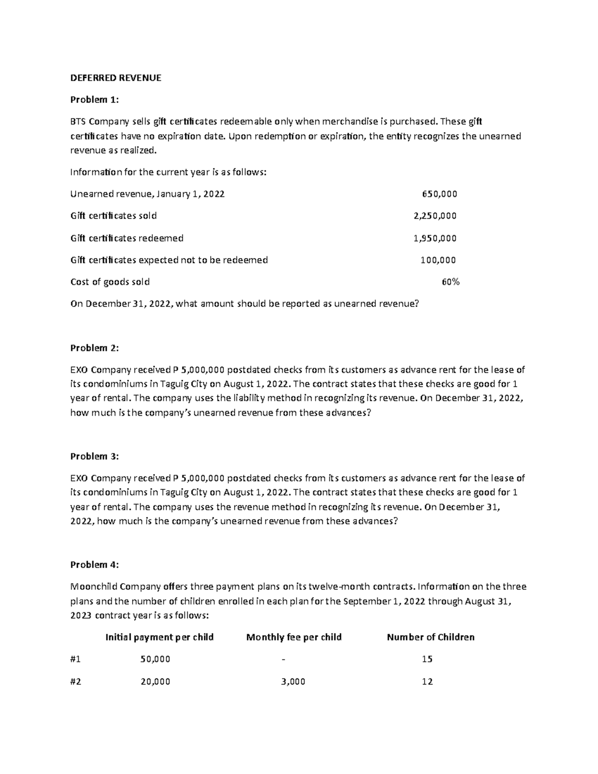 Problem Solving (Deferred Revenues) - DEFERRED REVENUE Problem 1: BTS ...