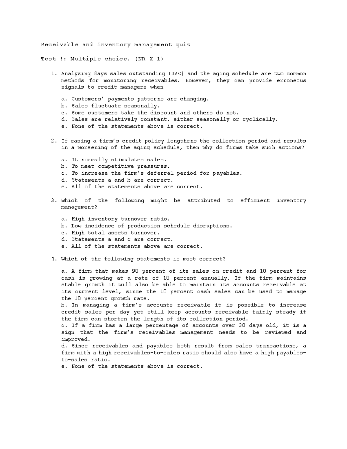 Receivable and inventory management quiz (NR X 1) Analyzing days