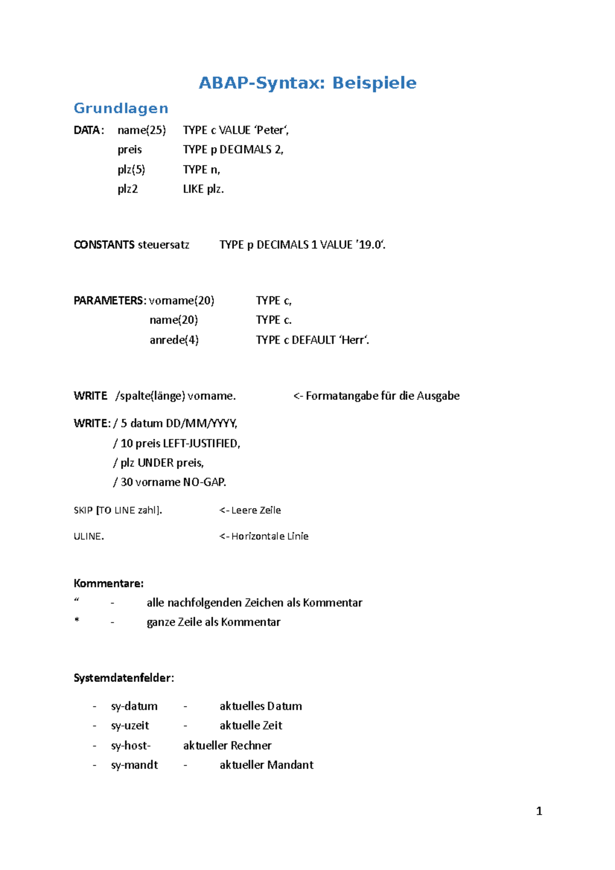 Abap syntax zusammenfassung betriebliche anwendungssysteme ii abap