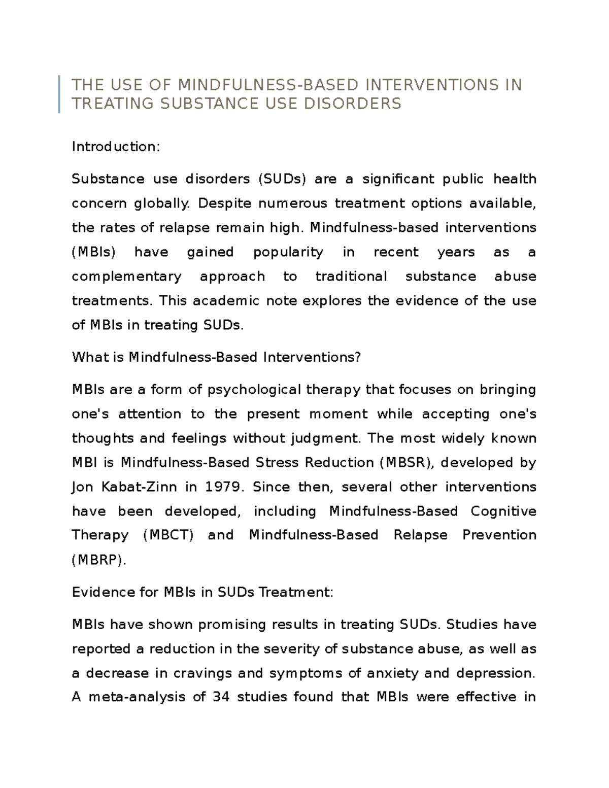 THE USE OF Mindfulness- Based Interventions IN Treating Substance USE ...
