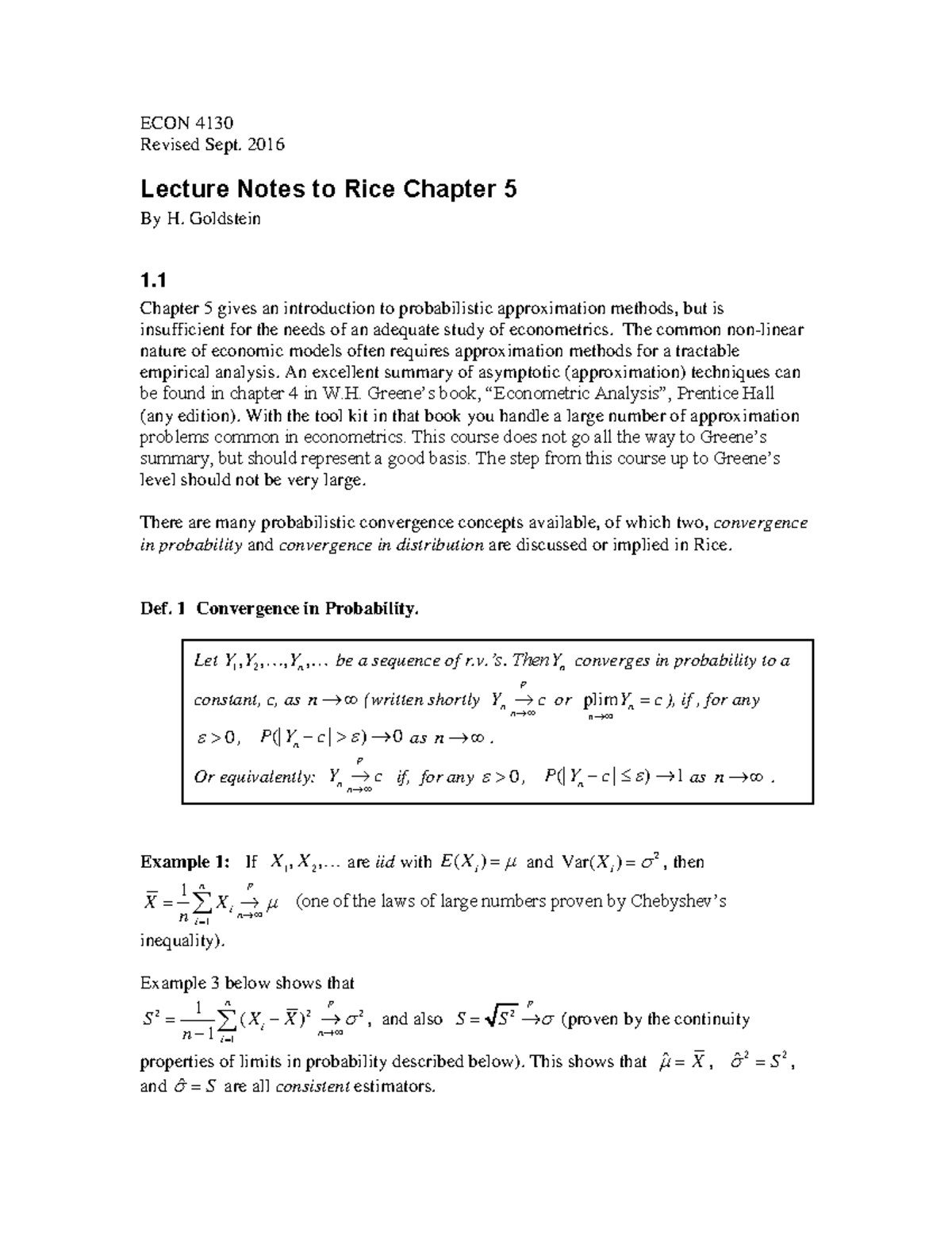 Lect Notes To Rice Chap5 16h Limit Theorems Econ 4130 Revised Sept