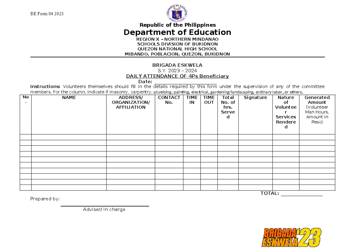 2023 BE Daily Attendance of 4Ps - BE Form 04 2023 Republic of the ...