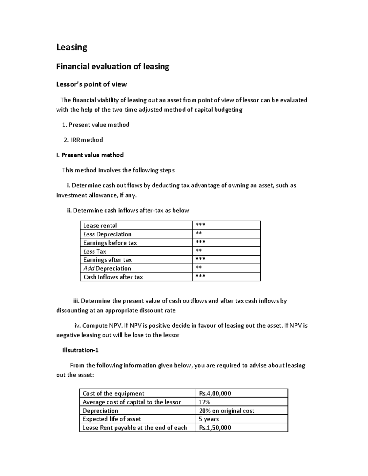 Leasing notes5 Leasing Financial evaluation of leasing Lessor’s
