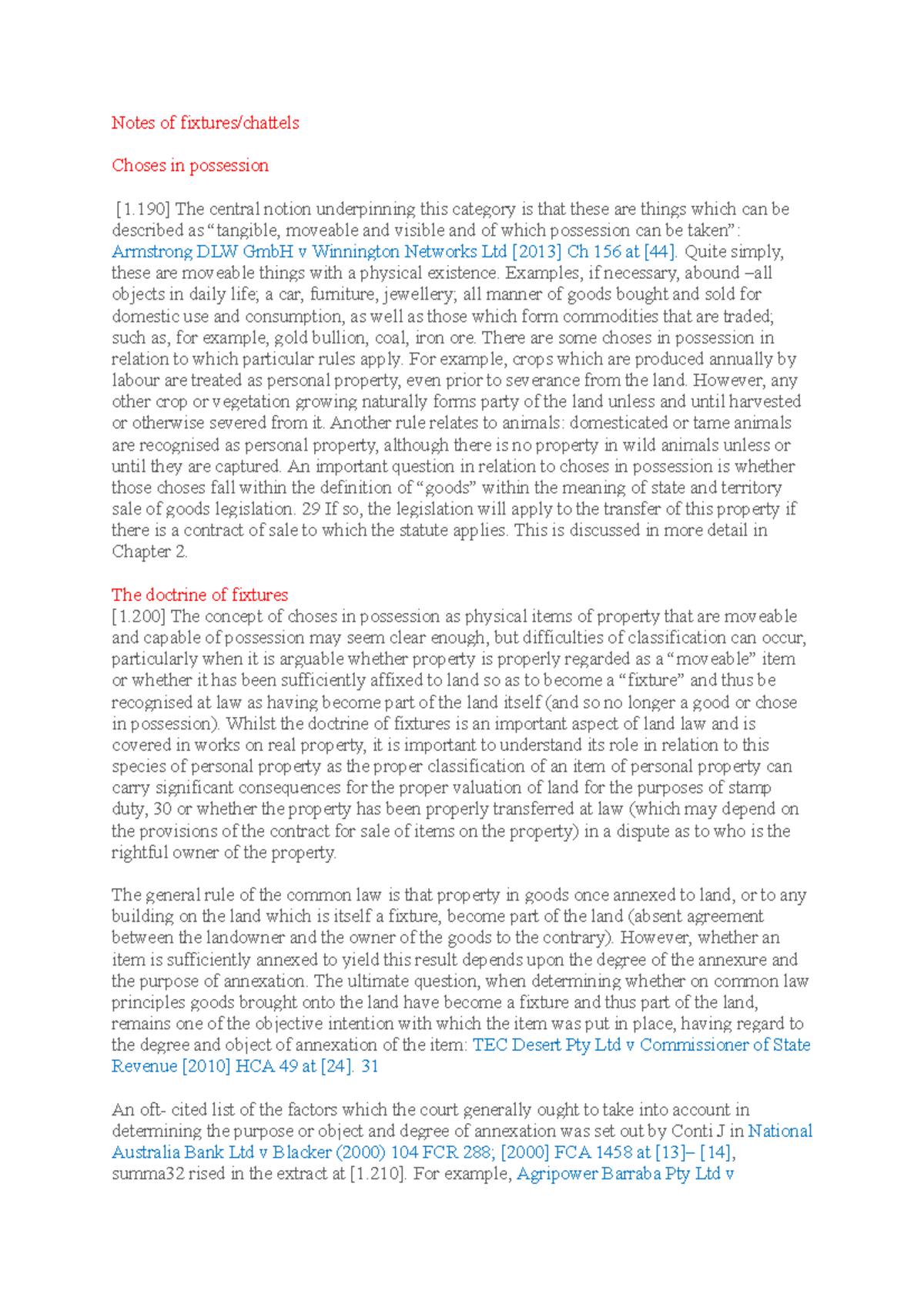 Week 1 and 2 ICPL notes Notes of fixtures/chattels Choses in