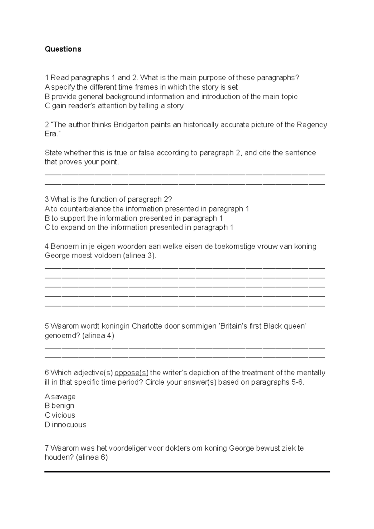 P4 V4 Queen Charlotte reading comprehension exercises 1-9 - Questions 1 ...