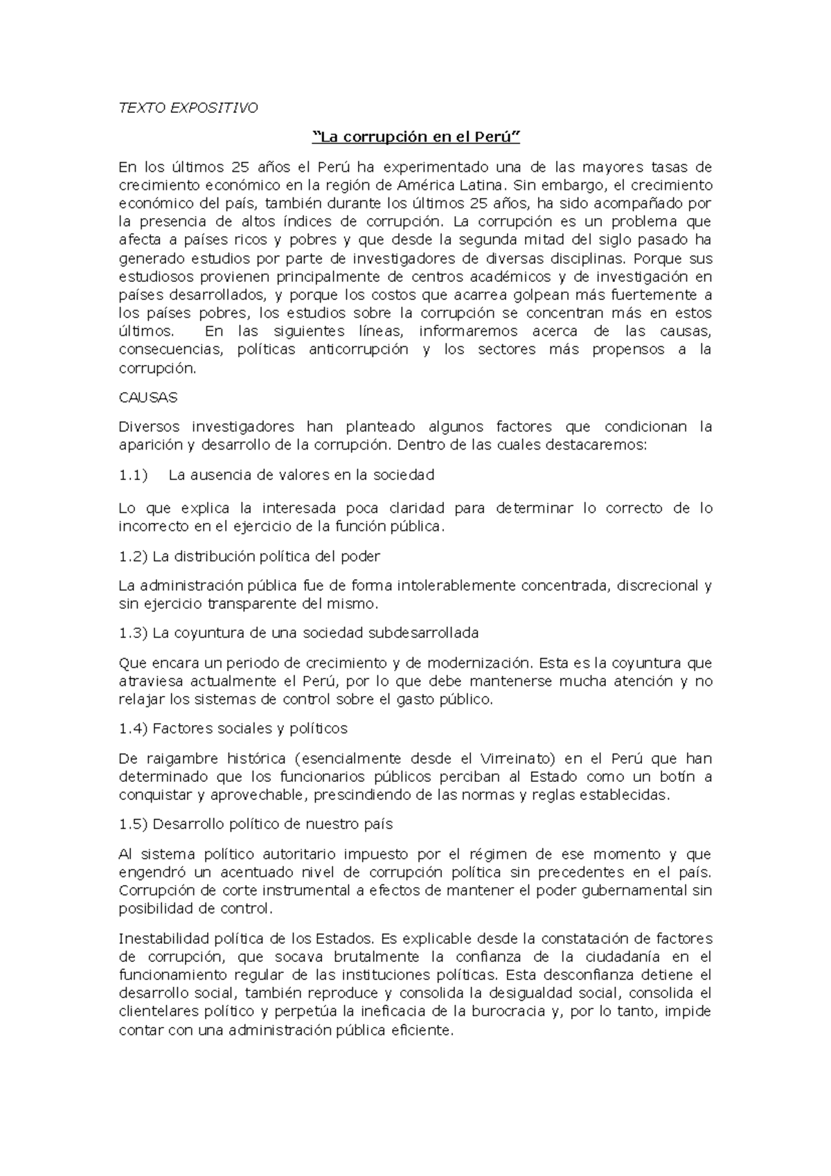 Texto Expositivo Texto Expositivo La Corrupci N En El Per En Los Ltimos A Os