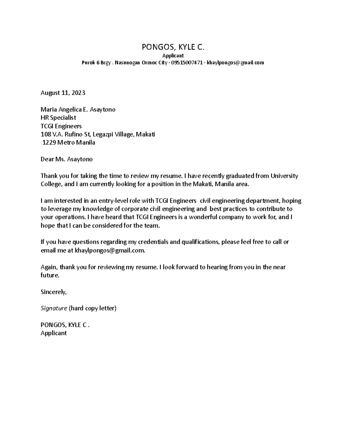 Letter OF Inquiry - It is part of our assignment - PONGOS, KYLE C ...