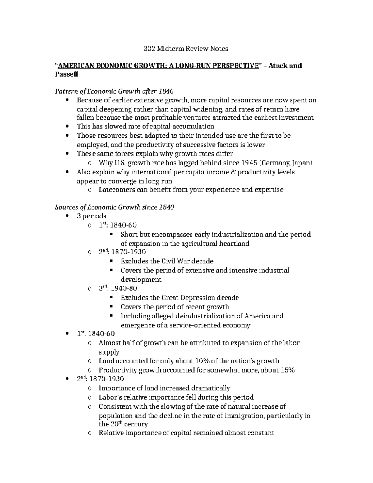 Econ 332 notes - nice - 332 Midterm Review Notes “AMERICAN ECONOMIC ...