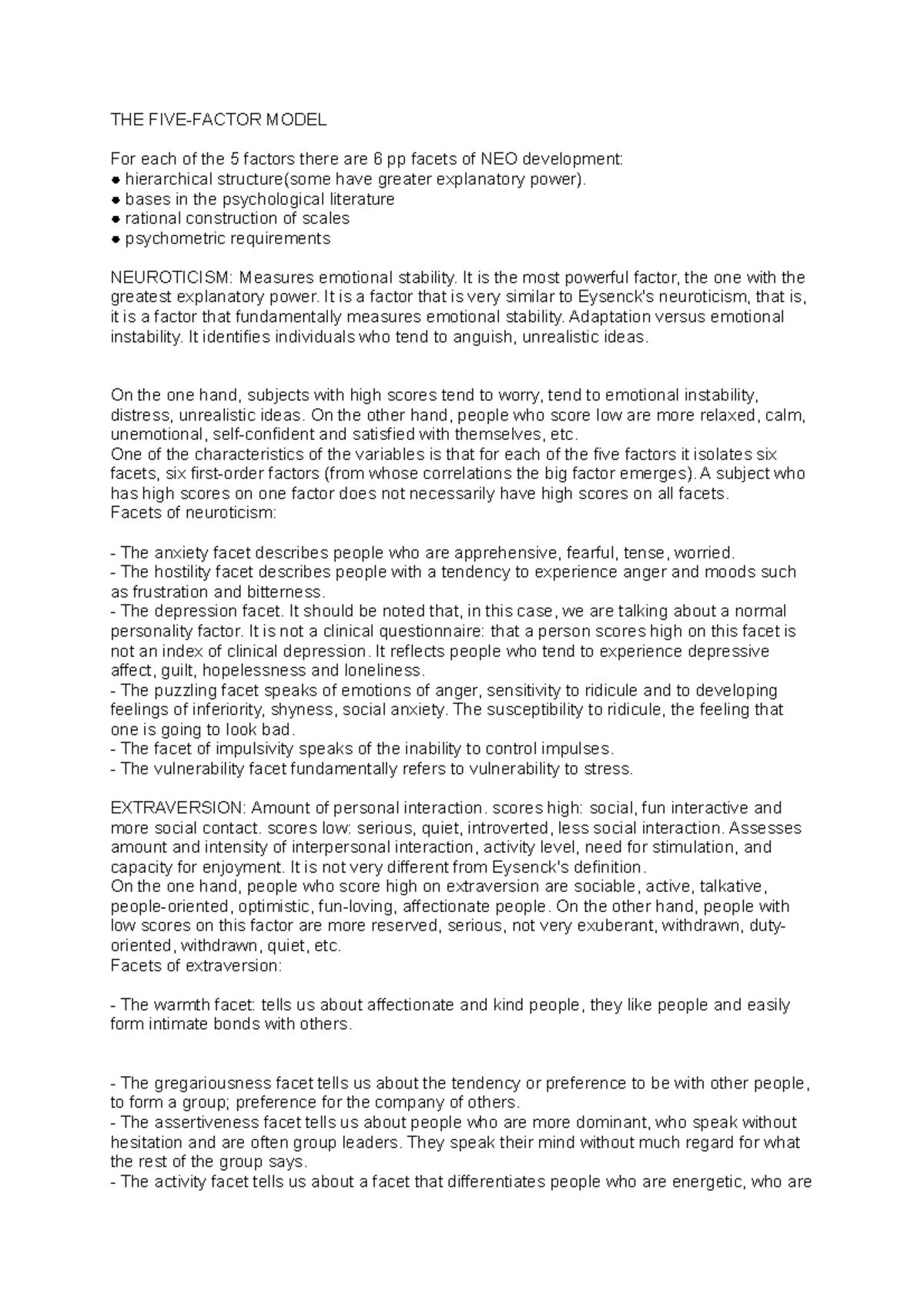 THE FIVE - Study guide - THE FIVE-FACTOR MODEL For each of the 5 ...