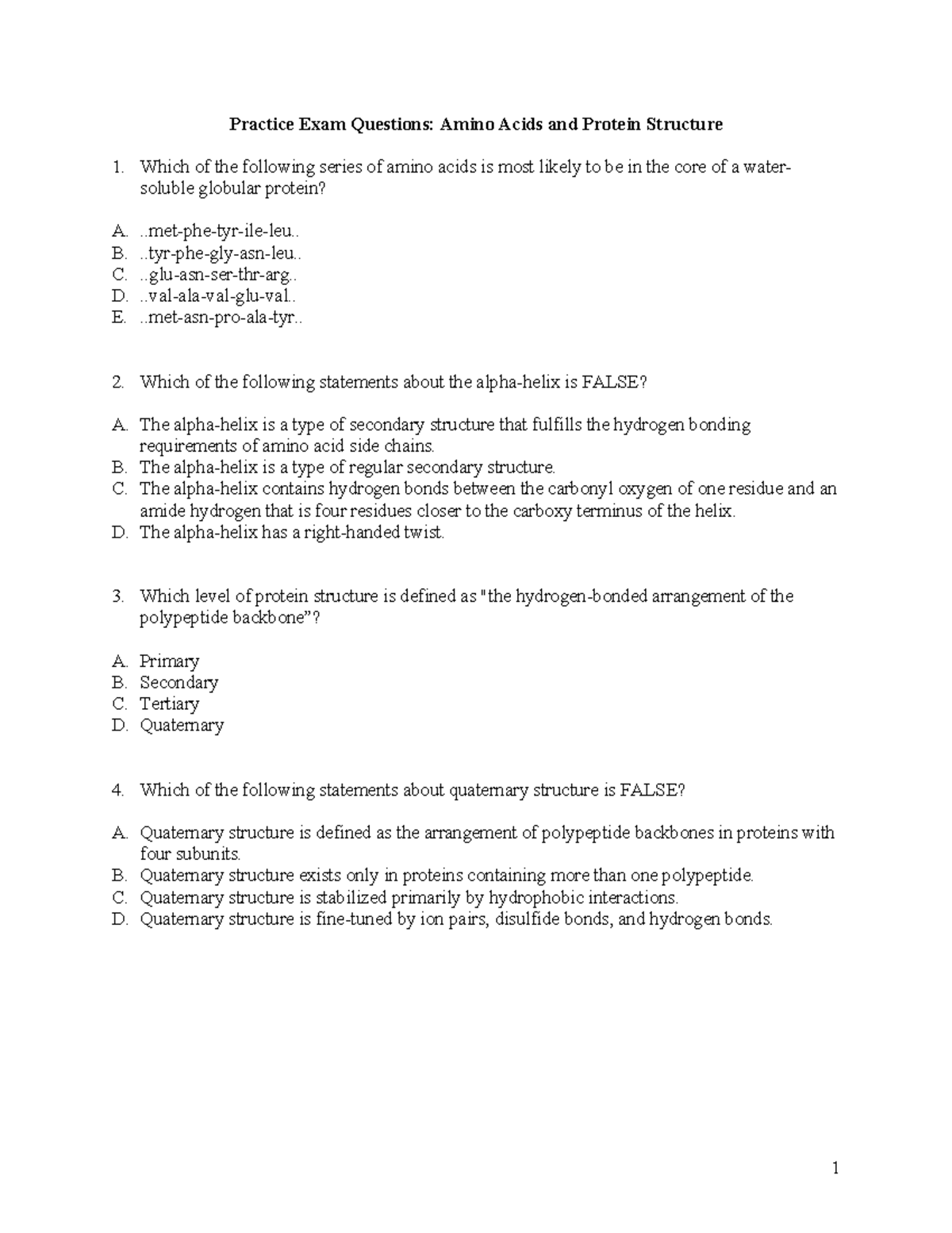 Protein Structure MCQ Practice Exam Questions Amino Acids and