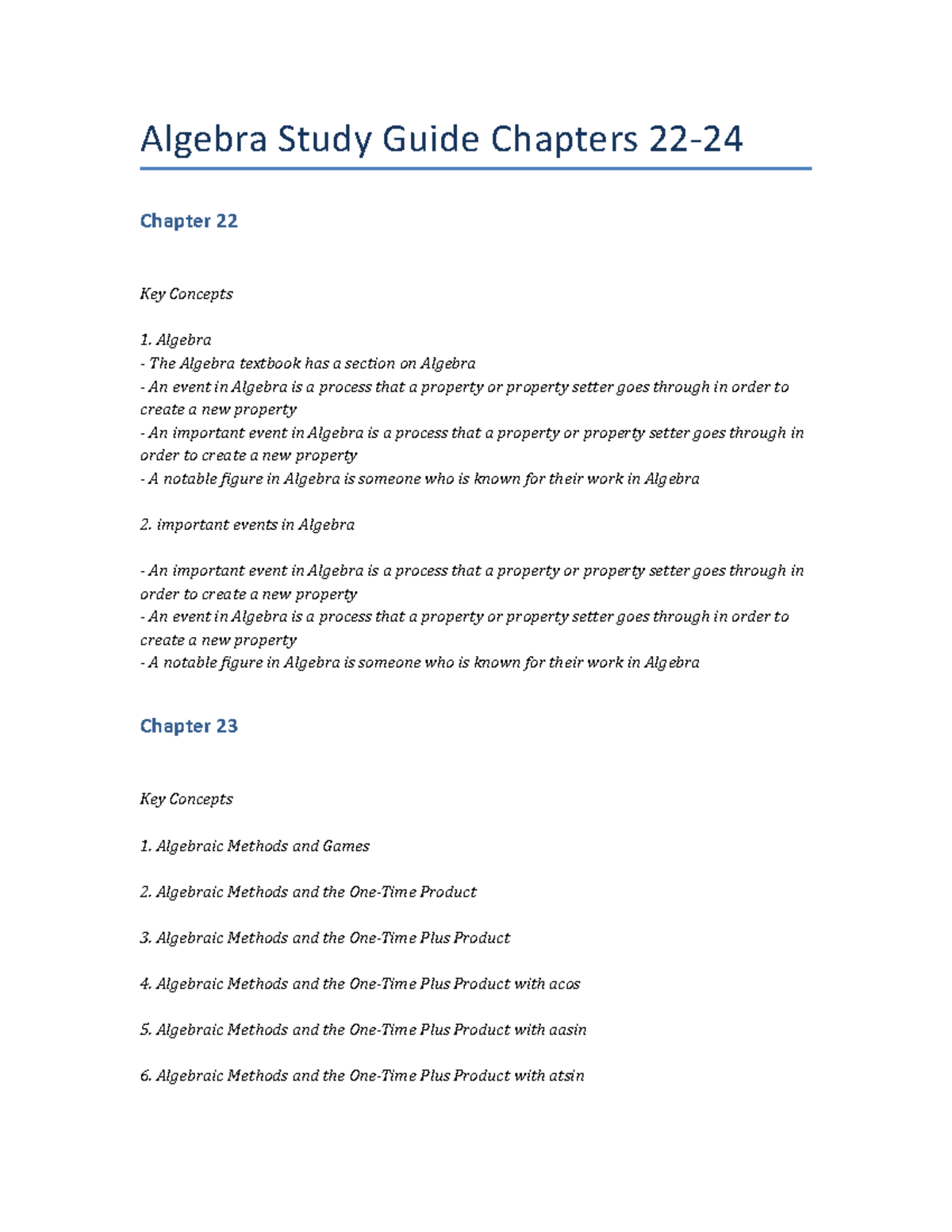 Algebra Study Guide Chapters 22-24 - Algebra Study Guide Chapters 22 ...