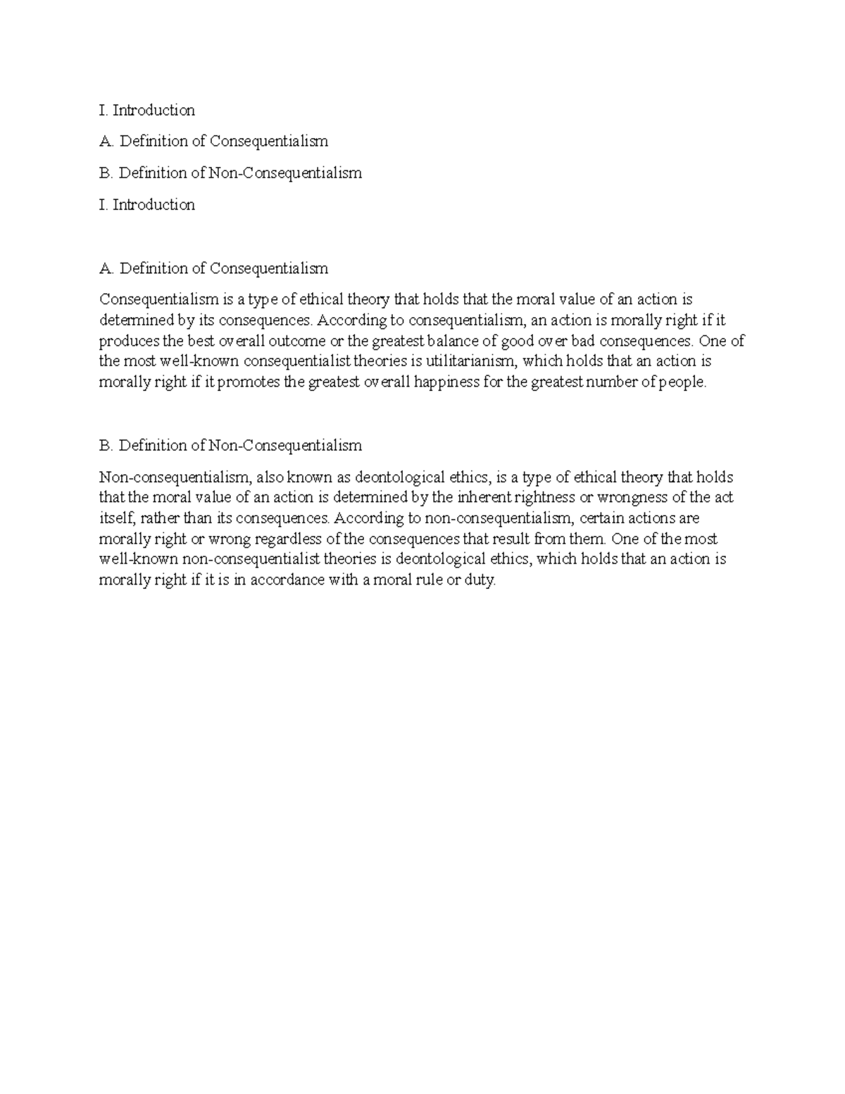 Consequentialism And Non Consequentialism - I. Introduction A ...