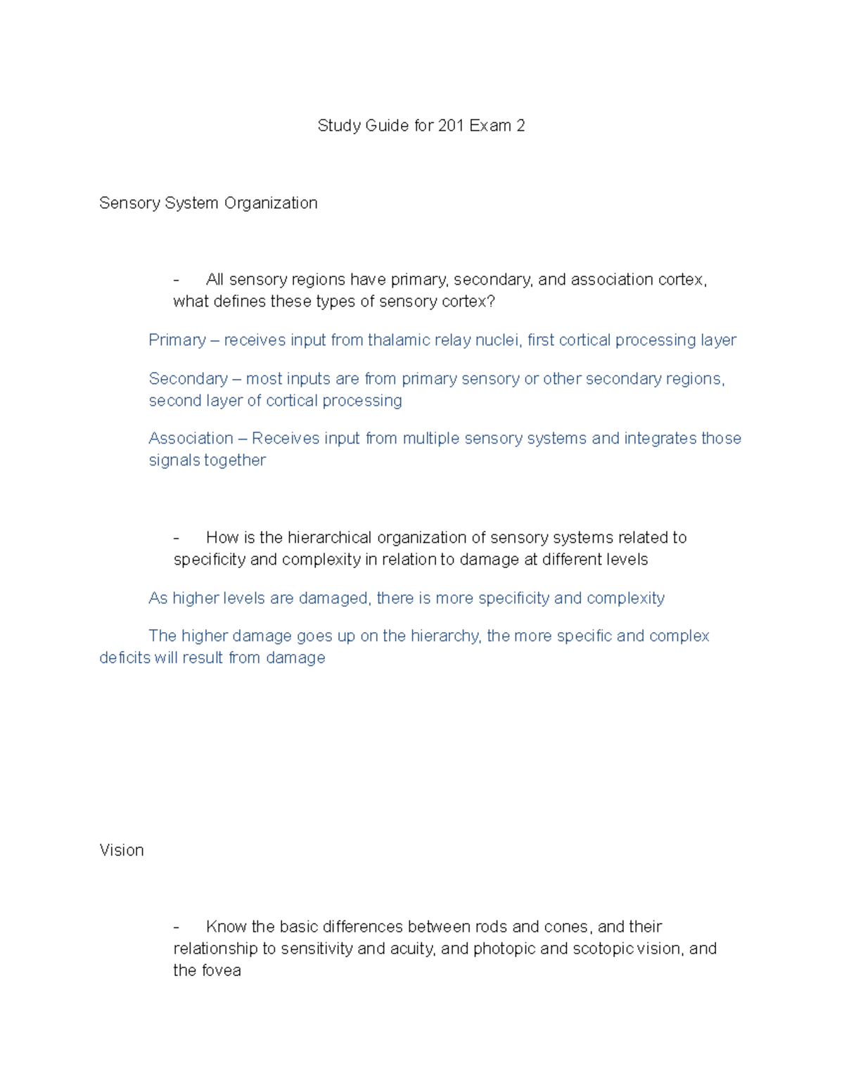 Exam 2 - PSY201 - Notes for exam 2 - Study Guide for 201 Exam 2 Sensory ...