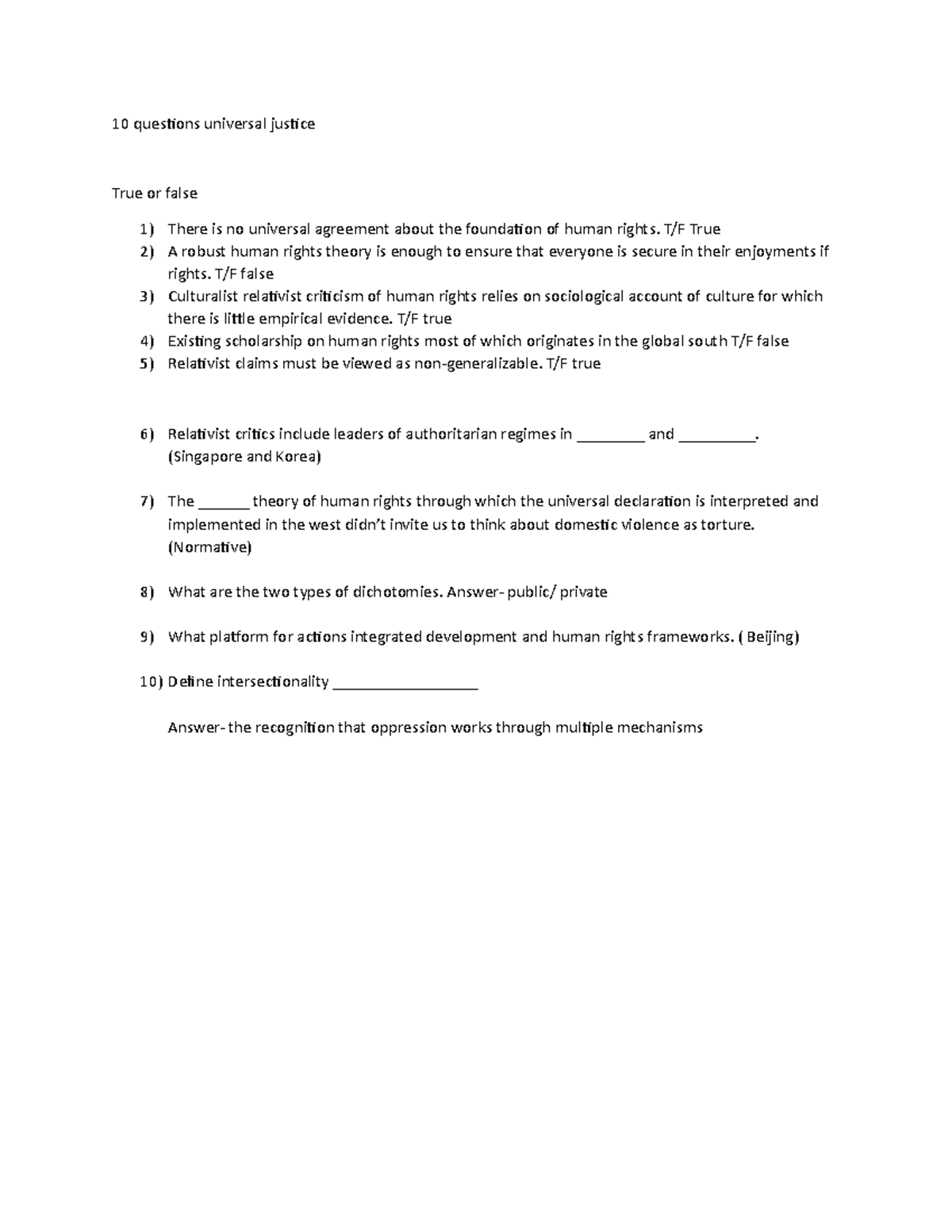 10 questions #4 - written assigment - 10 questions universal justice ...