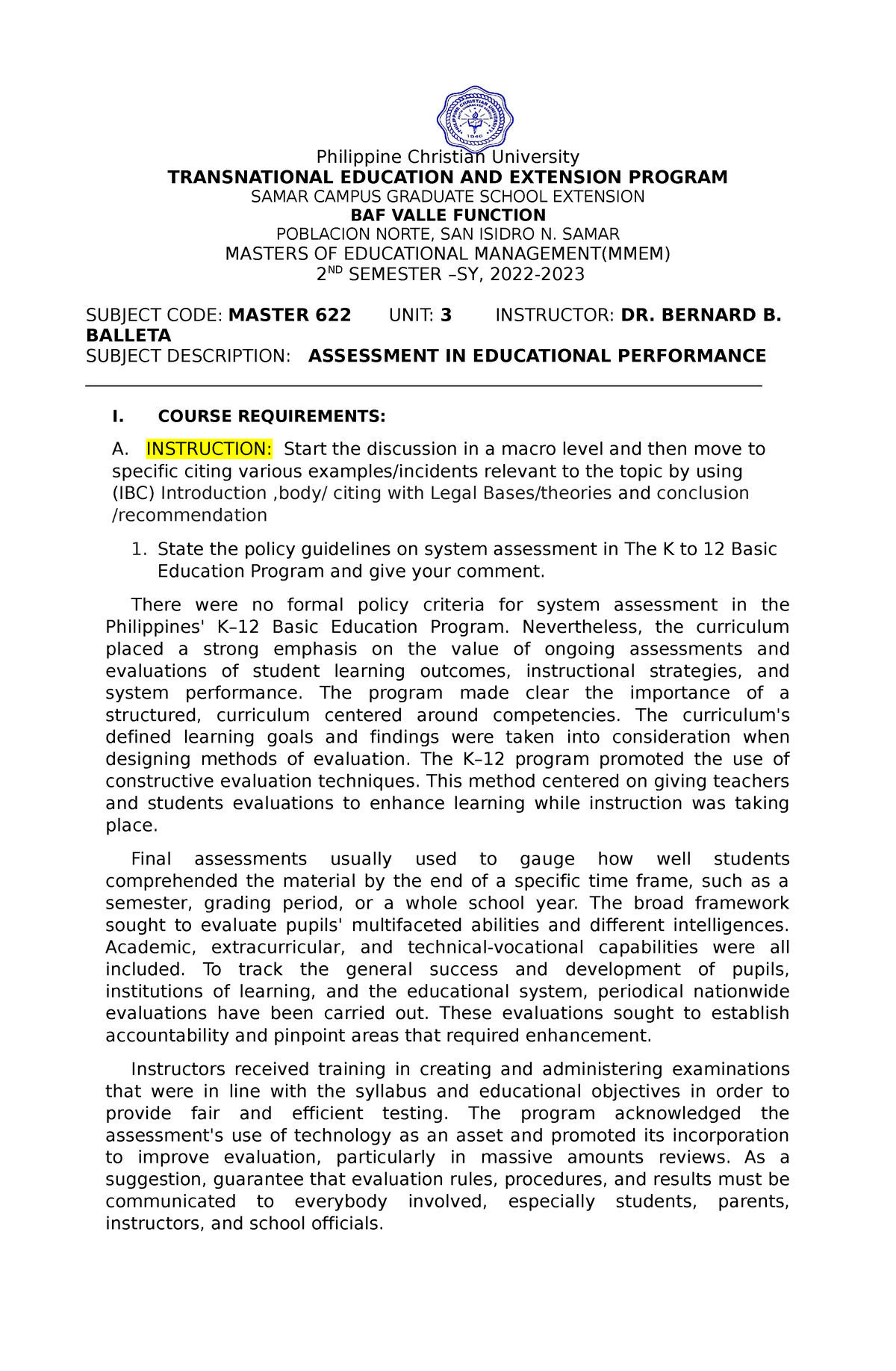 Assessment - Dgfhtuyjhgnvgb - Philippine Christian University ...